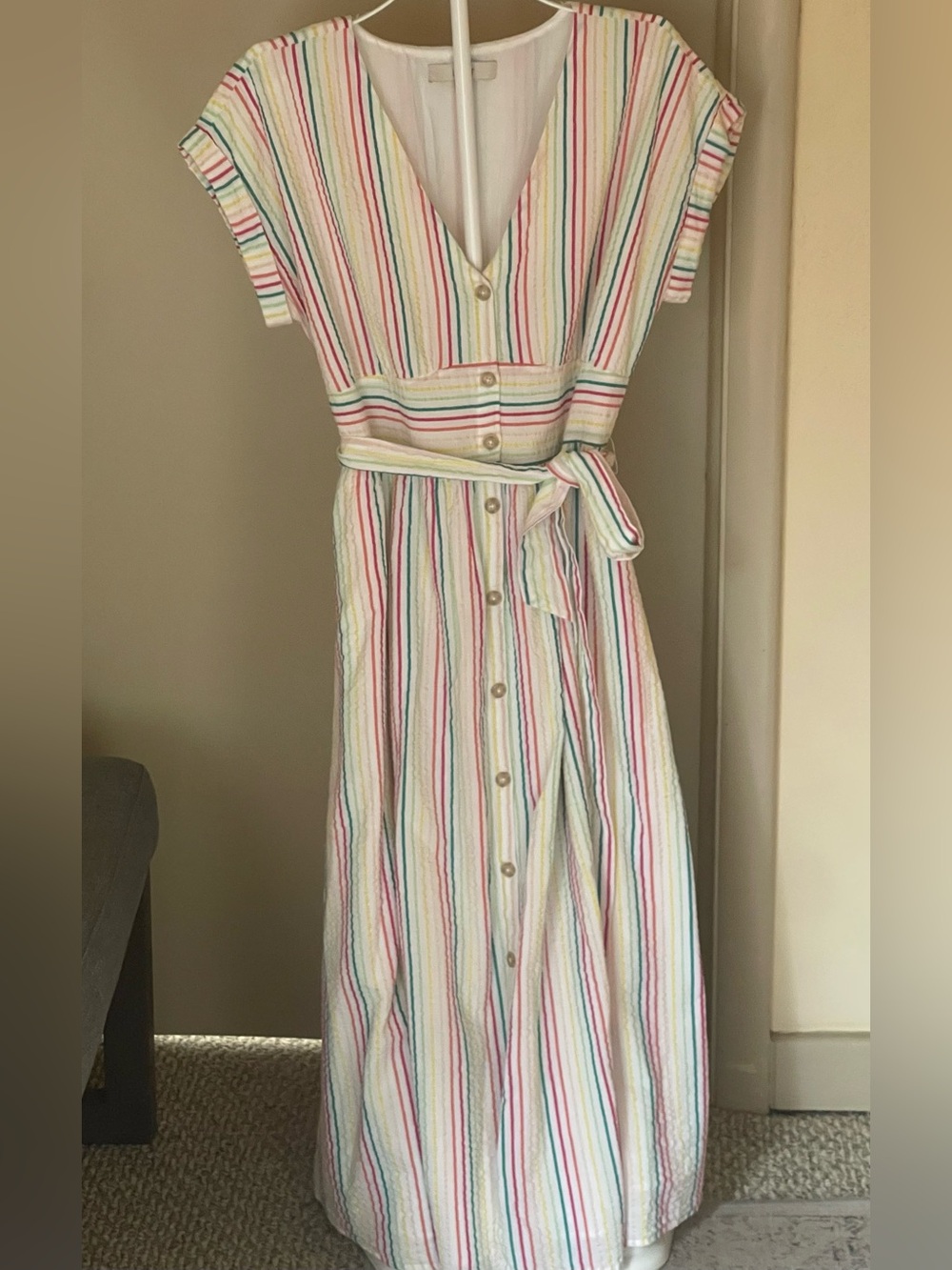 LOFT Multicolor Striped Button Front Midi Dress